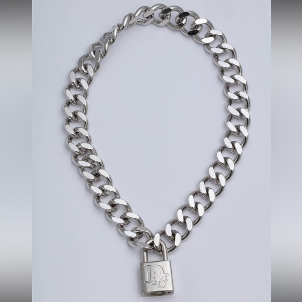 CHRISTIAN DIOR Padlock w/ Key Silver Plated Chain Necklace , vintage
